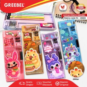 GREEBEL KOTAK PENSIL MAGNET MULTIFUNGSI GLITTER AIR KARAKTER / TEMPAT PENSIL SERUTAN LUCU (81009) / PENCIL CASE / PENSIL BAG ANAK GLITTER SEKOLAH