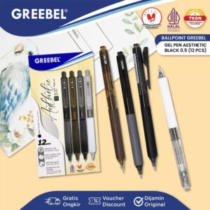 GREEBEL PULPEN GEL / GEL PEN GP-513 AESTHETIC 0.5 HITAM (12PCS/SET) / BALLPEN GEL BALLPOINT BOLPEN BOLPOIN PENA GEL