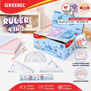 GREEBEL PENGGARIS SET 4 IN 1 (4409-15) KARAKTER LUCU LENGKAP PENGGARIS 20CM SEGITIGA BUSUR DERAJAT RULER SET 4409-15