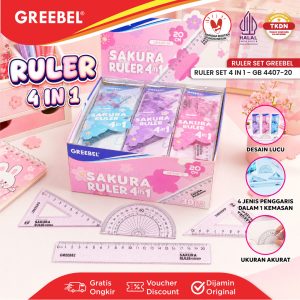 GREEBEL PENGGARIS SET 4 IN 1 (4407-20) WARNA PASTEL TRANSPARAN - PENGGARIS LURUS 20CM | PENGGARIS SIKU-SIKU | BUSUR - RULER SET 4407-20