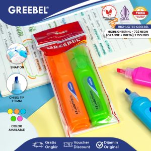 GREEBEL HIGHLIGHTER HL-702 PENANDA WARNA 2 IN 1 ISI WARNA NEON ORANGE & GREEN
