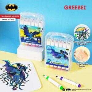 GREEBEL Spidol Marker Batman GBBM-27012 12 Warna (Soft Tip) Washable untuk Anak Bisa di Hapus Karakter Lucu