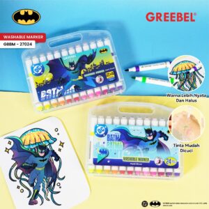 GREEBEL Spidol Marker Batman GBBM-27024 24 Warna (Soft Tip) Washable untuk Anak Bisa di Hapus Karakter Lucu