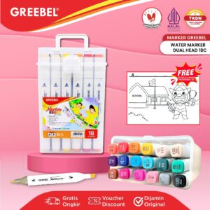 GREEBEL SPIDOL WARNA 1 SET ISI 18 WARNA / WATER MARKER DUAL HEAD / SPIDOL SKETCH MEWARNAI MENGGAMBAR & KALIGRAFI