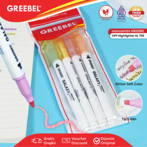 GREEBEL Highlighter Pen Pastel Glitter 1 Set Isi 4 Warna Green,Pink,Yellow,Orange 4COLOR HL-706 GALAXY